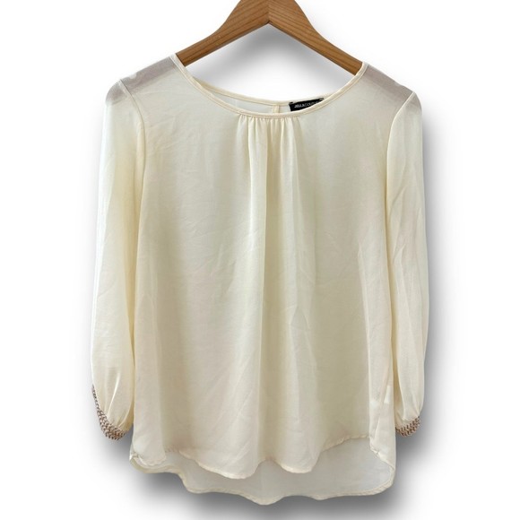 Women’s Boutique Cream Ivory Flowy Blouse Beaded Sleeve Detail Small - Picture 2 of 12